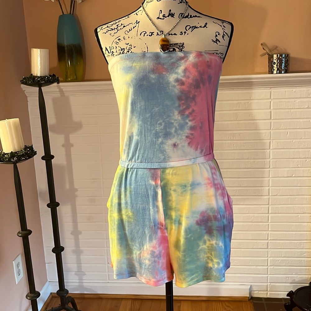 Tie Dye Strapless Romper by Fashion Nova